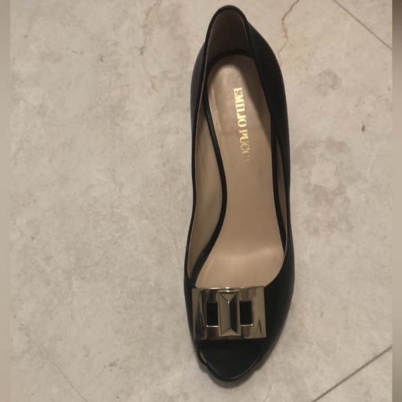 Emilio Pucci Black Leather Peep-Toe Heels Size 39 - Picture 3 of 10